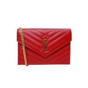 Saint Laurent Cassandre Matelasse Envelope Chain Wallet In Grain De Poudre Embossed Leather Opyum Red 695108Bow016008