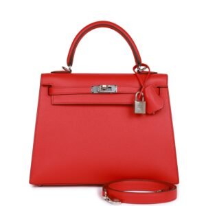 Hermes Kelly Sellier 25 Rouge De Coeur Verso Epsom Palladium Hardware