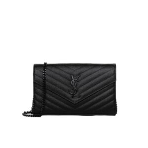 Saint Laurent Cassandre Matelasse Chain Wallet In Grain De Poudre Embossed Black Noir 22Cm 377828Bow081000