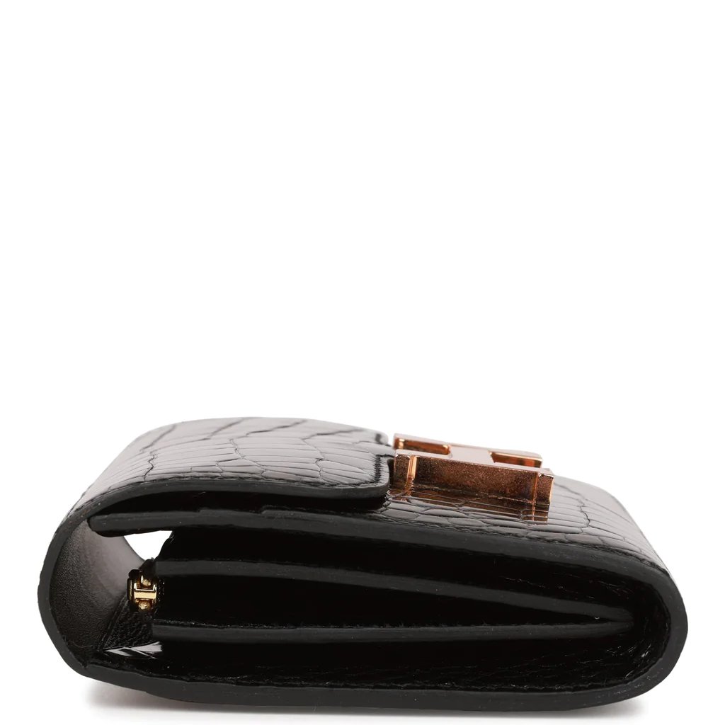 Hermes Constance Compact Wallet Black Shiny Alligator Rose Gold Hardware - Image 4