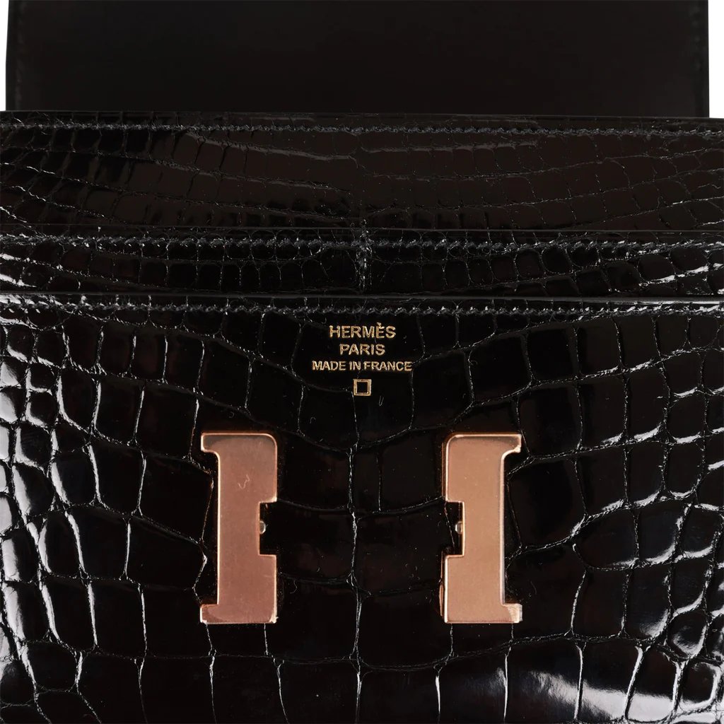 Hermes Constance Compact Wallet Black Shiny Alligator Rose Gold Hardware - Image 3