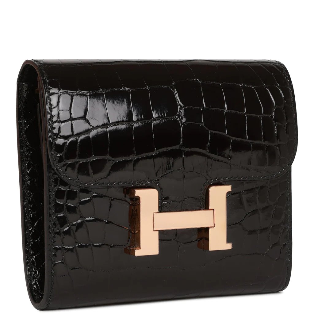 Hermes Constance Compact Wallet Black Shiny Alligator Rose Gold Hardware - Image 2