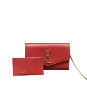 Saint Laurent Uptown Chain Wallet In Grain De Poudre Embossed Leather Red 19Cm