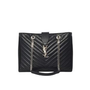 Saint Laurent Black Grain De Poudre Matelasse Chevron Monogram Shopping Bag Silver Hardware