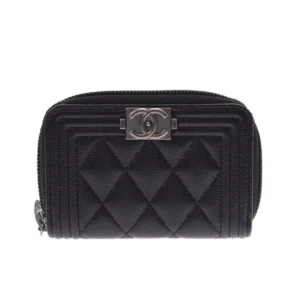 Chanel Boy Zipped Coin Black Silver Purse A80602