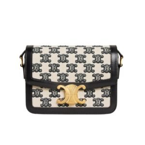 Celine Medium Triomphe Bag In Textile With Triomphe Embroidery And Calfskin Black 23Cm 191242Dba38No