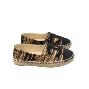 Chanel Metallic Tweed Grosgrain Cc Espadrilles Slip On Gold Black