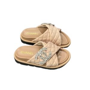 Chanel Cc Slippers Studded Beige