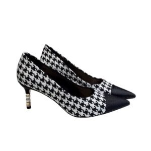 Chanel Pearl Embellished Heel Pumps Houndstooth Pattern In Black And Ivory