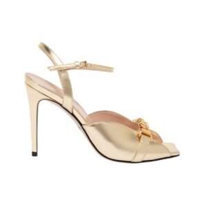 Gucci Metal Chain Stiletto Heels Flip Flop Fish Mouth Sandals Gold