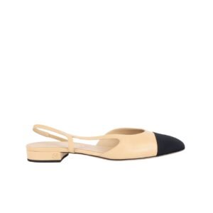 Chanel Lambskin Grosgrain Cap Toe Cc Slingback Flats Beige