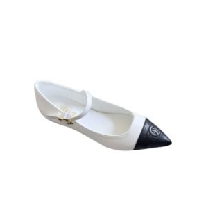 Chanel Pointed Toe Doll Shoes With Gold Flower In White