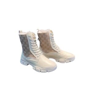 Gucci Women's White Leather Boots With Gg Supreme Canvas