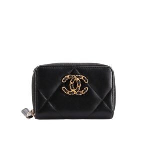 Chanel 19 Card Holder With Zipper Leather Black Wallet