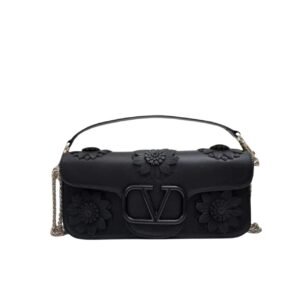 Valentino Garavani Loco Flower Applique Shoulder Bag Black 26Cm